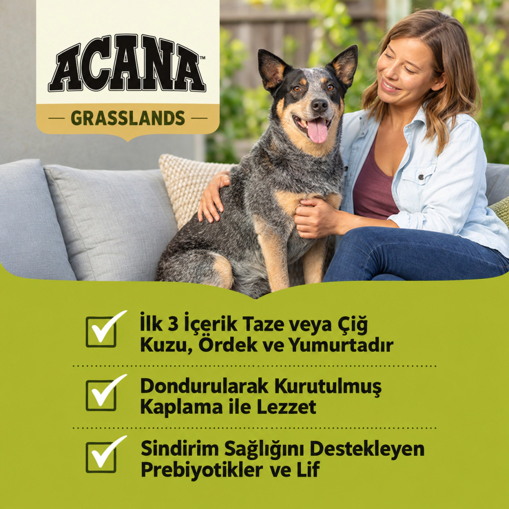 Acana Grasslands Kuzulu Ördekli ve Ringa Balıklı Tahılsız Köpek Maması ambalaj görseli (4)