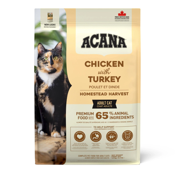 Acana Homestead Harvest Yüksek Proteinli Tavuklu ve Hindili Yetişkin Kedi Maması ambalaj görseli