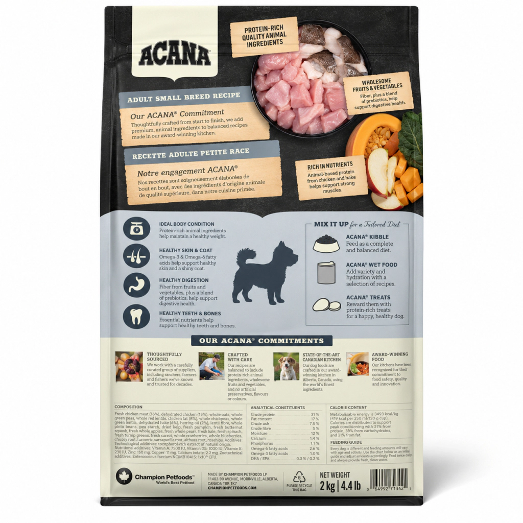 Acana Small Adult Tavuklu Hindili ve Ringa Balıklı Küçük Irk Tahılsız Yetişkin Köpek Maması ambalaj görseli
