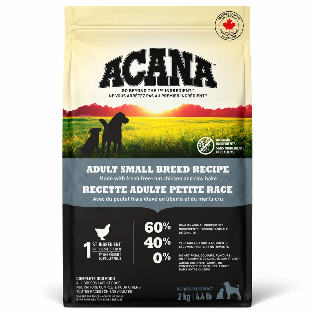 Acana Small Adult Tavuklu Hindili ve Ringa Balıklı Küçük Irk Tahılsız Yetişkin Köpek Maması ambalaj görseli (2)