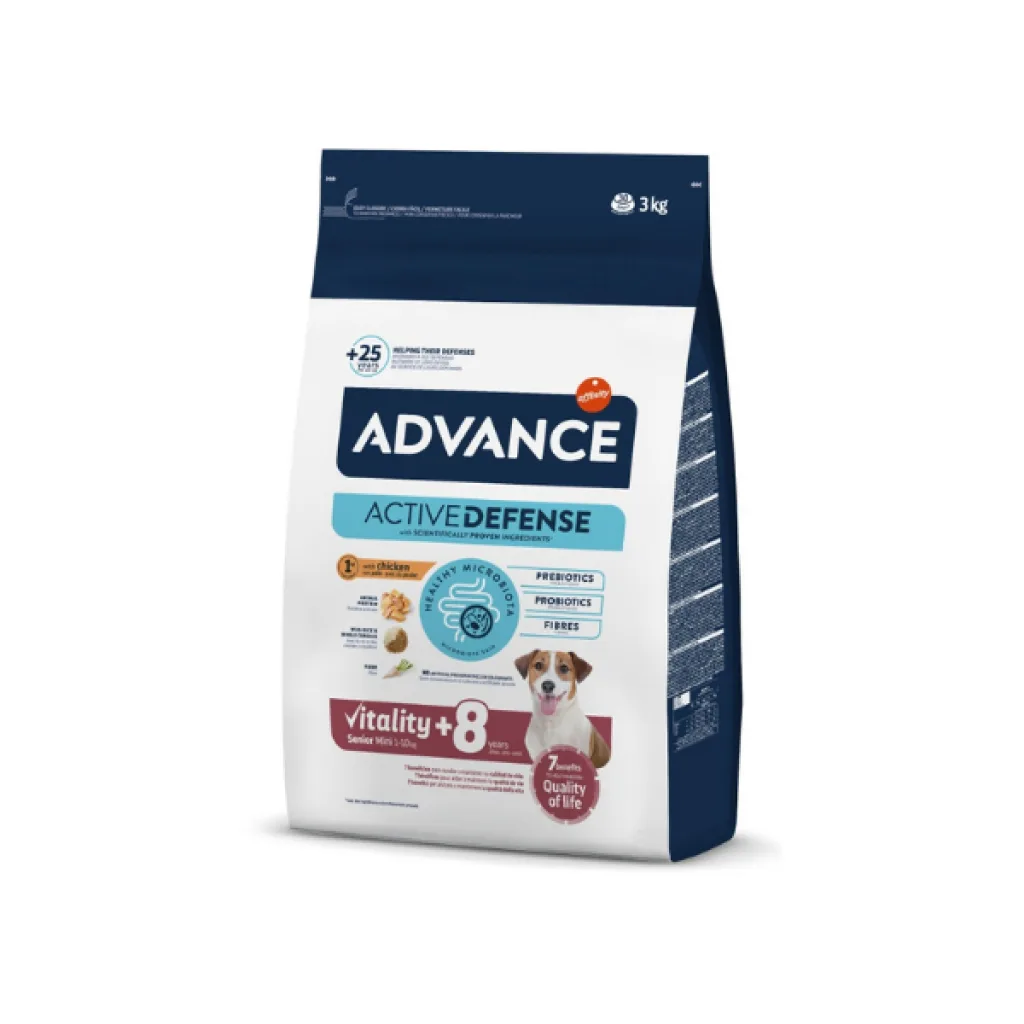 Advance Mini Senior Vitality +8 Tavuklu Küçük Irk Yaşlı Köpek Maması ambalaj görseli