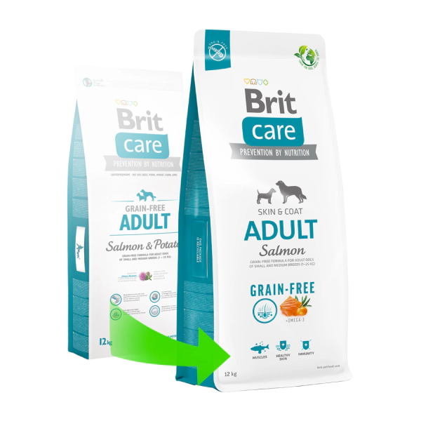 Brit Care Adult Skin&Coat Tüm Irklar için Somonlu Tahılsız Yetişkin Köpek Maması ambalaj görseli (2)
