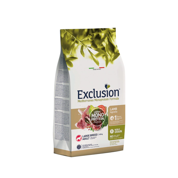 Exclusion Large Adult Mono Protein Kuzu Etli ve Narlı Büyük Irk Yetişkin Köpek Maması ambalaj görseli