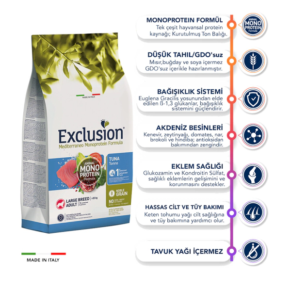 Exclusion Large Adult Mono Protein Ton Balıklı ve Narlı Büyük Irk Yetişkin Köpek Maması ambalaj görseli (2)