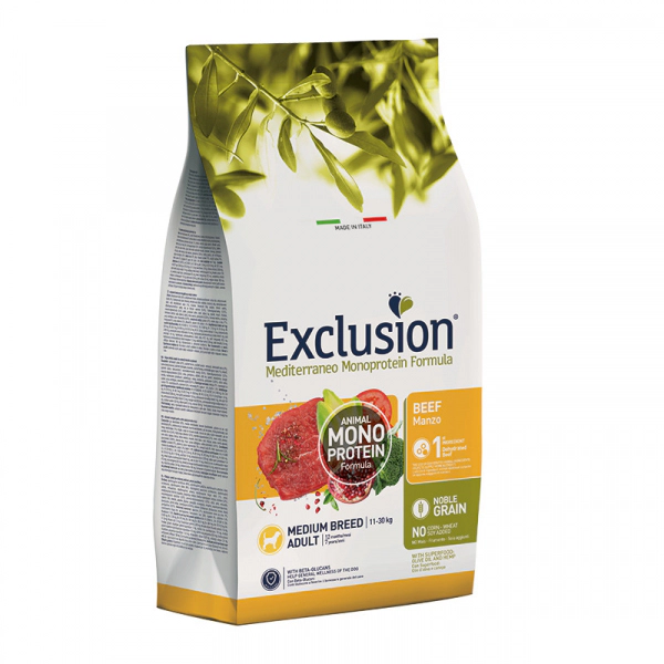 Exclusion Medium Adult Mono Protein Sığır Etli ve Narlı Orta Irk Yetişkin Köpek Maması ambalaj görseli