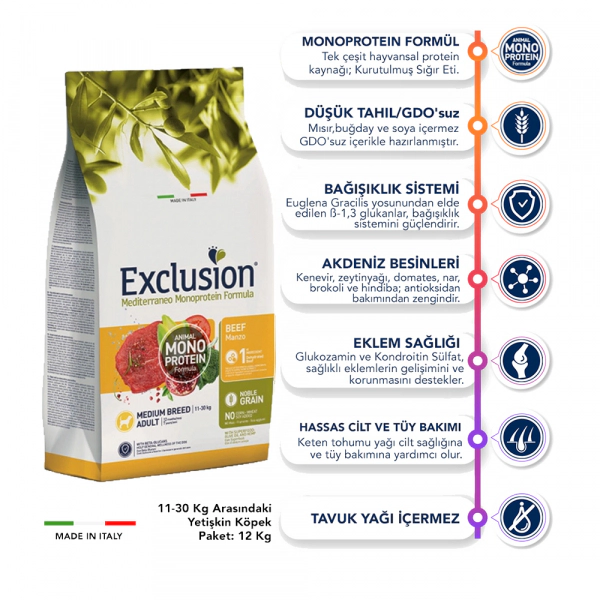 Exclusion Medium Adult Mono Protein Sığır Etli ve Narlı Orta Irk Yetişkin Köpek Maması ambalaj görseli (2)