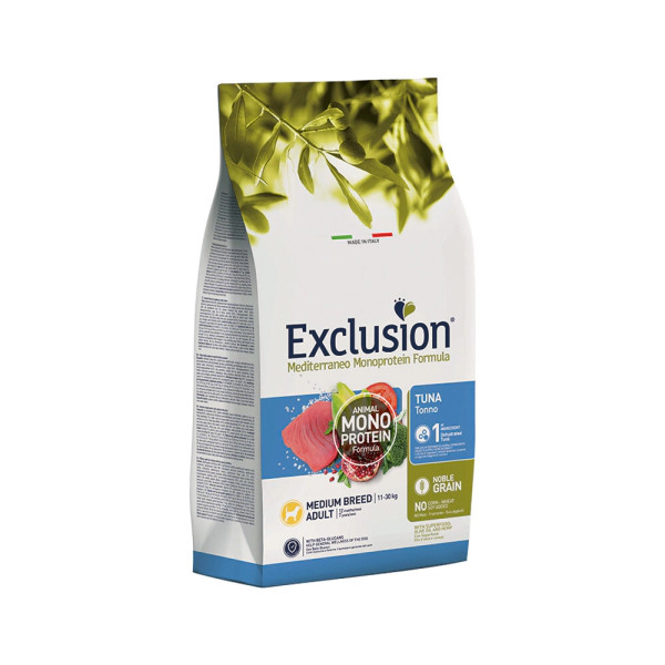 Exclusion Medium Adult Mono Protein Ton Balıklı ve Narlı Orta Irk Yetişkin Köpek Maması ambalaj görseli