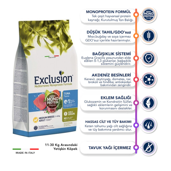 Exclusion Medium Adult Mono Protein Ton Balıklı ve Narlı Orta Irk Yetişkin Köpek Maması ambalaj görseli (2)
