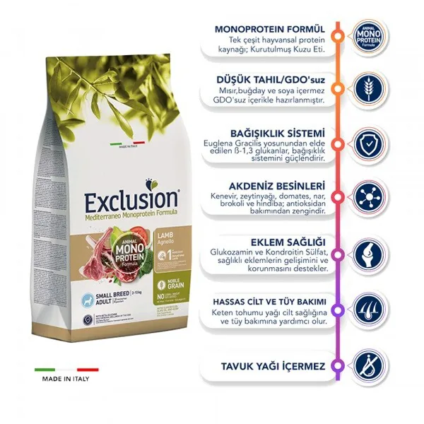 Exclusion Small Adult Mono Protein Kuzulu ve Narlı Küçük Irk Yetişkin Köpek Maması ambalaj görseli (2)