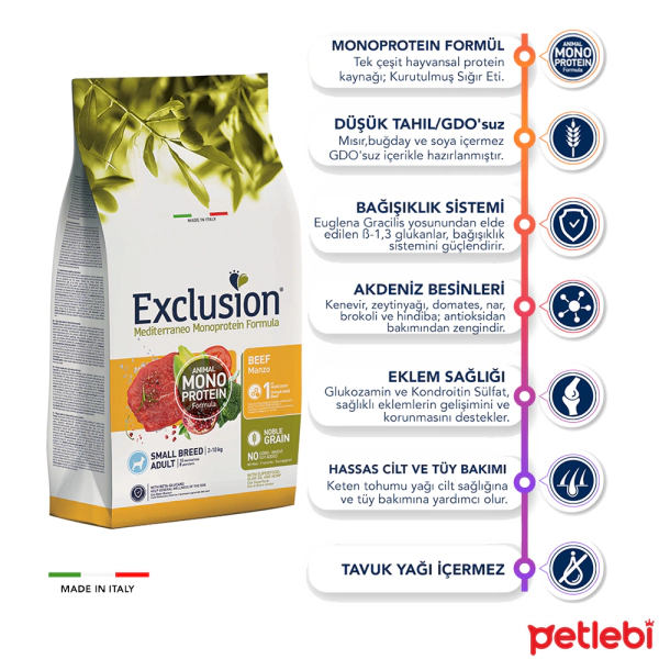 Exclusion Small Adult Mono Protein Sığırlı ve Narlı Küçük Irk Yetişkin Köpek Maması ambalaj görseli (2)