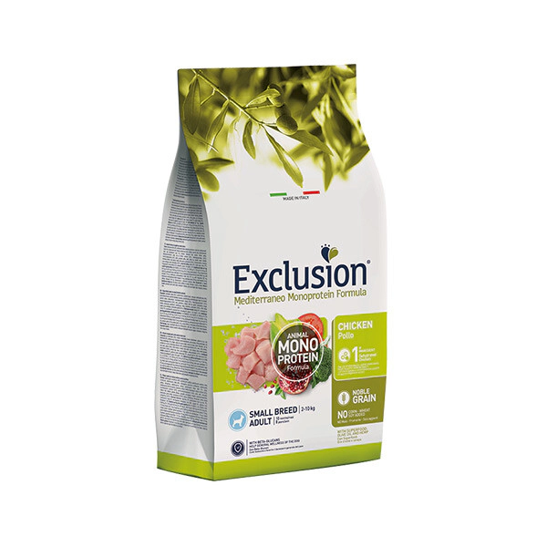 Exclusion Small Adult Mono Protein Tavuklu ve Narlı Küçük Irk Yetişkin Köpek Maması ambalaj görseli