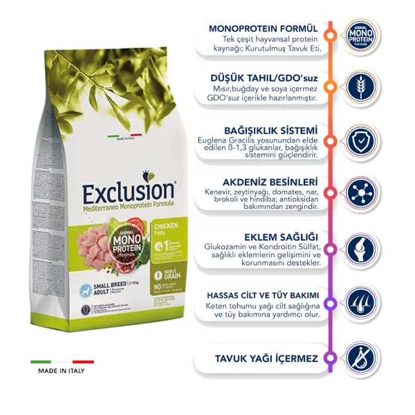Exclusion Small Adult Mono Protein Tavuklu ve Narlı Küçük Irk Yetişkin Köpek Maması ambalaj görseli (2)