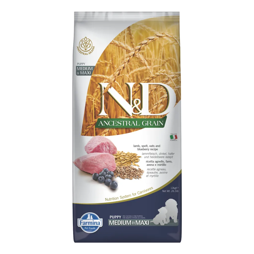 N&D Ancestral Grain Medium&Maxi Kuzu Etli Yaban Mersinli Orta ve Büyük Irk Yavru Köpek Maması ambalaj görseli (2)