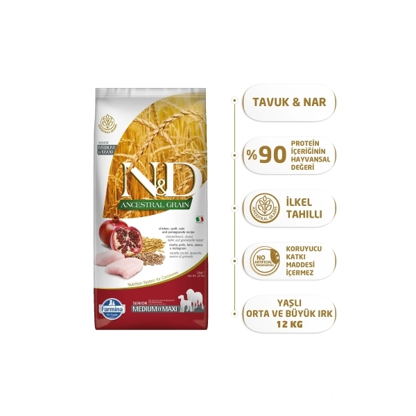 N&D Ancestral Grain Medium&Maxi Tavuklu ve Narlı Orta ve Büyük Irk Yaşlı Köpek Maması ambalaj görseli