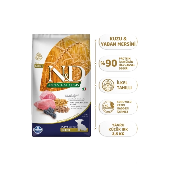 N&D Ancestral Grain Mini Kuzu Etli ve Yaban Mersinli Küçük Irk Yavru Köpek Maması ambalaj görseli