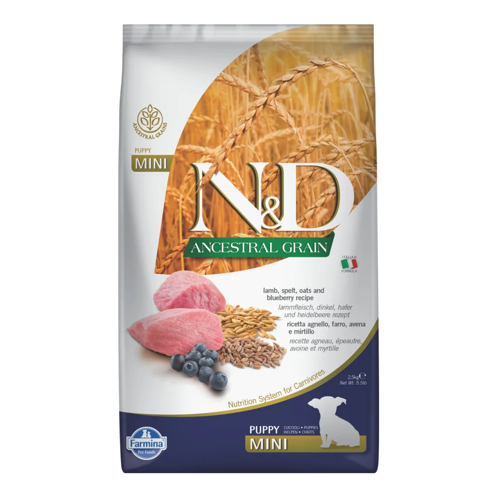 N&D Ancestral Grain Mini Kuzu Etli ve Yaban Mersinli Küçük Irk Yavru Köpek Maması ambalaj görseli (2)