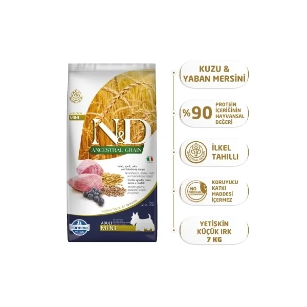 N&D Ancestral Grain Mini Kuzu Etli ve Yaban Mersinli Küçük Irk Yetişkin Köpek Maması ambalaj görseli