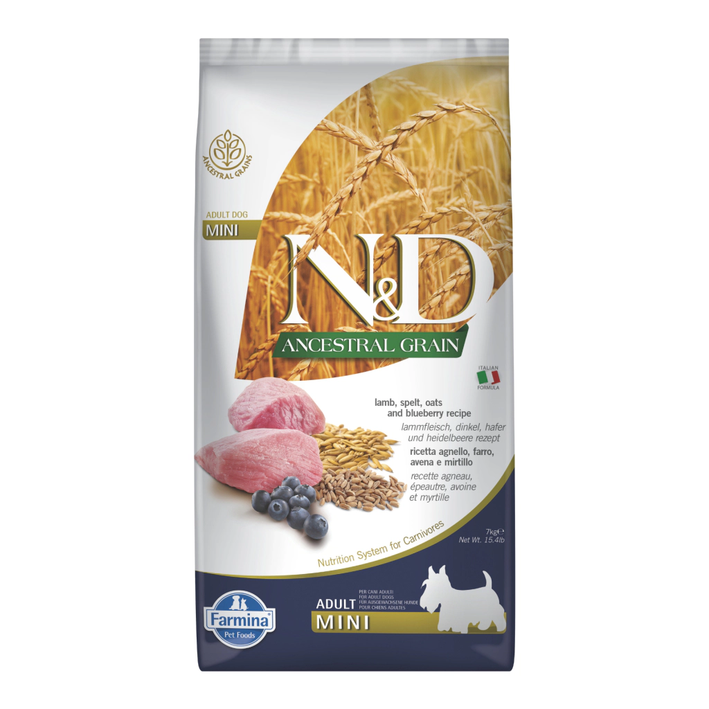 N&D Ancestral Grain Mini Kuzu Etli ve Yaban Mersinli Küçük Irk Yetişkin Köpek Maması ambalaj görseli (2)
