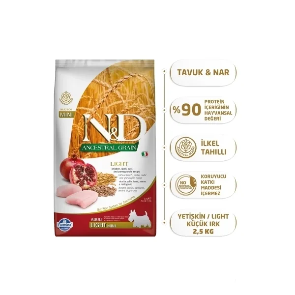 N&D Ancestral Grain Mini Light Tavuklu ve Narlı Küçük Irk Yetişkin Köpek Maması ambalaj görseli