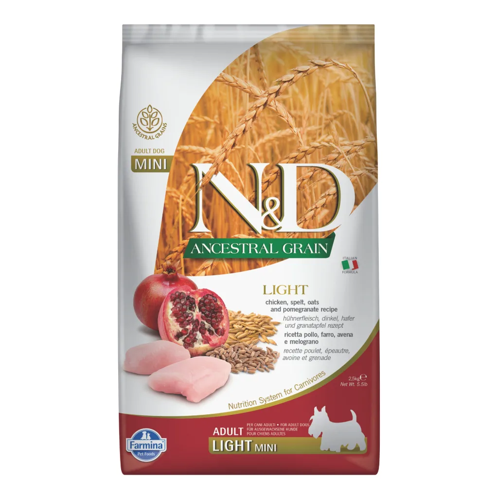 N&D Ancestral Grain Mini Light Tavuklu ve Narlı Küçük Irk Yetişkin Köpek Maması ambalaj görseli (2)