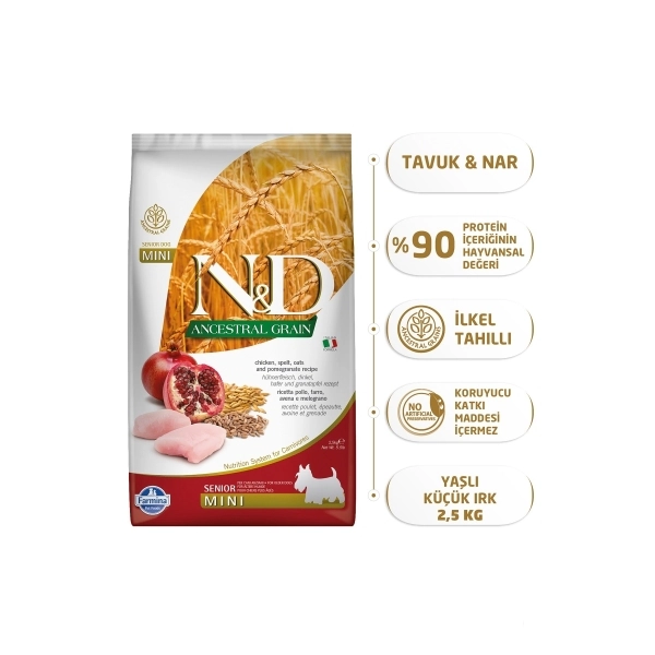 N&D Ancestral Grain Mini Tavuklu ve Narlı Küçük Irk Yaşlı Köpek Maması ambalaj görseli