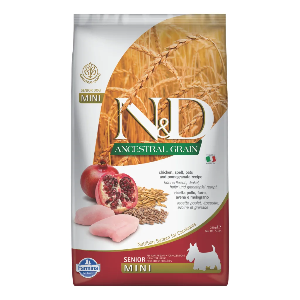 N&D Ancestral Grain Mini Tavuklu ve Narlı Küçük Irk Yaşlı Köpek Maması ambalaj görseli (2)