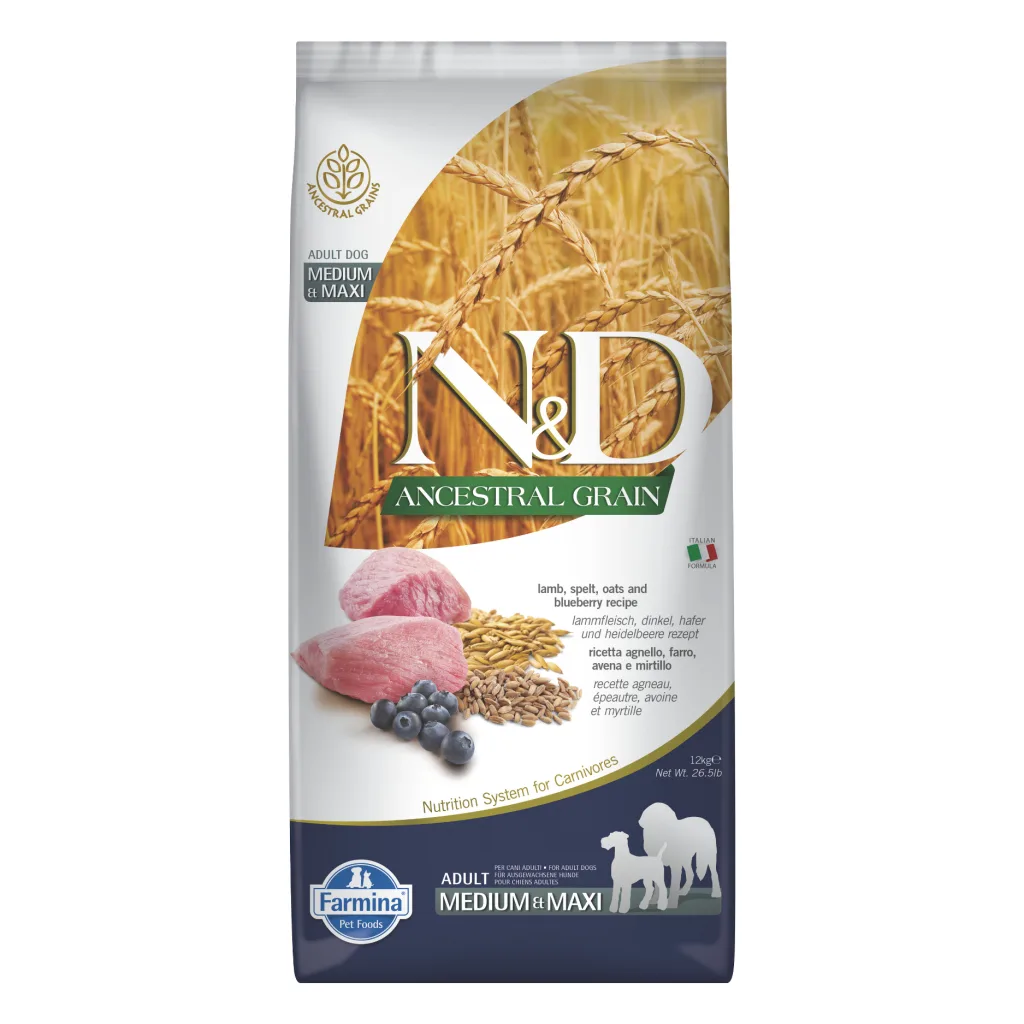 N&D Ancestral Medium&Maxi Kuzu Etli ve Yaban Mersinli Orta ve Büyük Irk Yetişkin Köpek Maması ambalaj görseli (2)