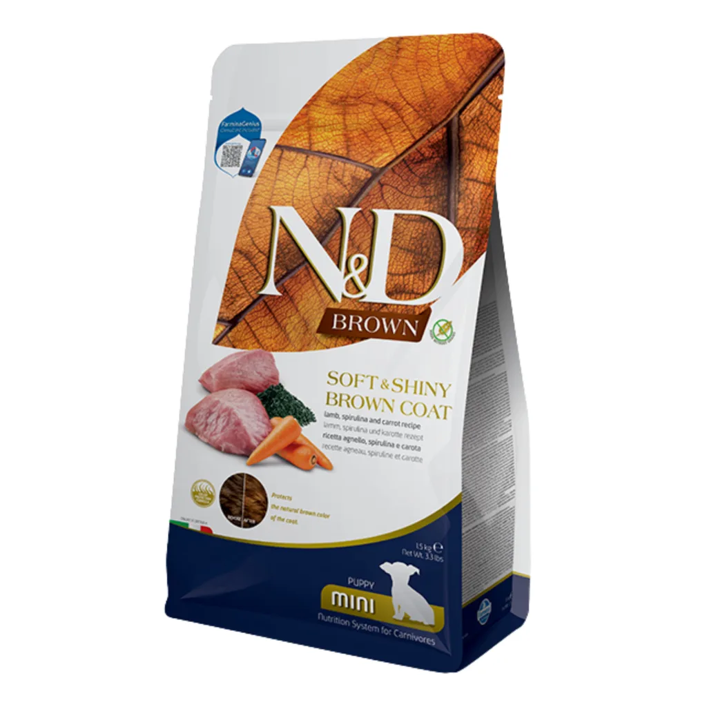 N&D Brown Mini Kuzu Eti Spirulina ve Havuçlu Küçük Irk Yavru Köpek Maması ambalaj görseli