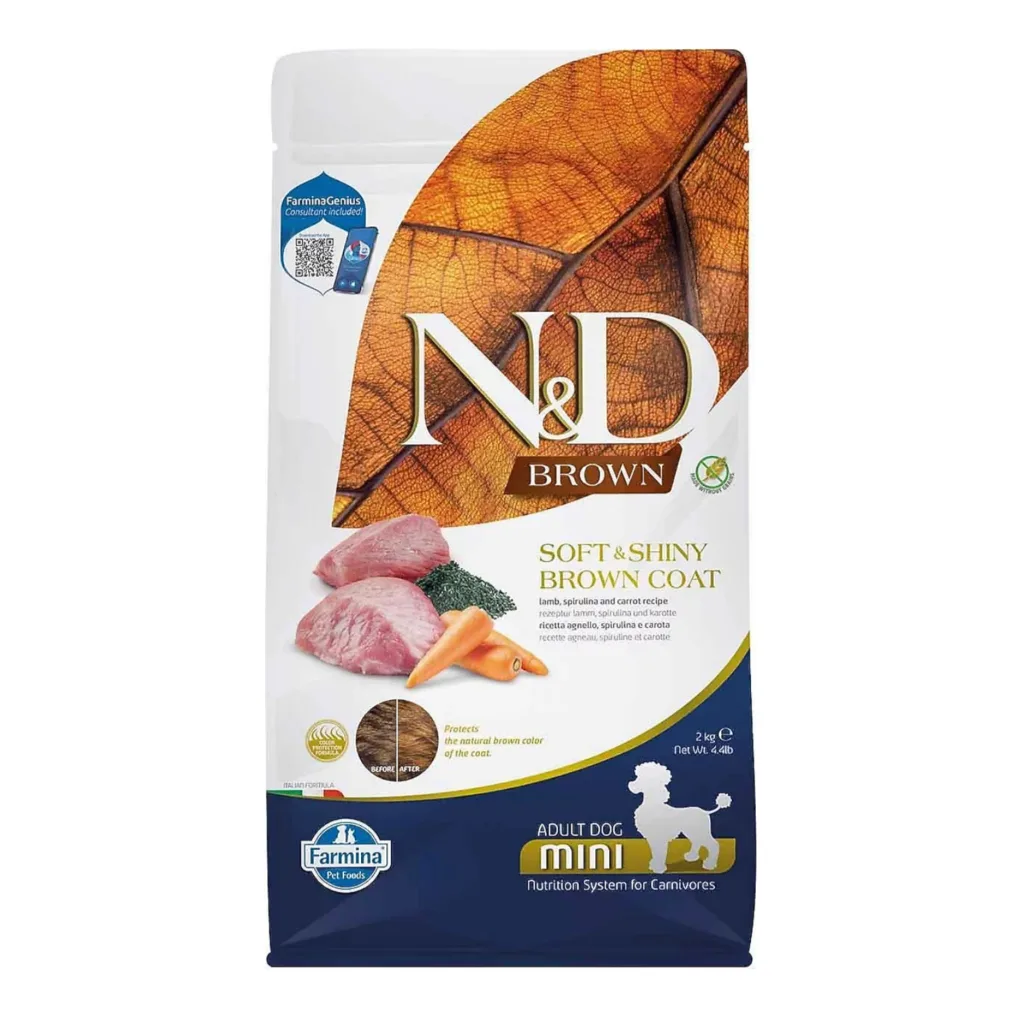 N&D Brown Mini Kuzu Etli Spirulina ve Havuçlu Küçük Irk Yetişkin Köpek Maması ambalaj görseli