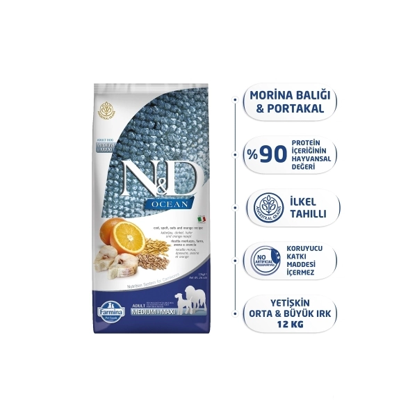 N&D Ocean Medium&Maxi Morina Balıklı ve Portakallı Orta ve Büyük Irk Yetişkin Köpek Maması ambalaj görseli