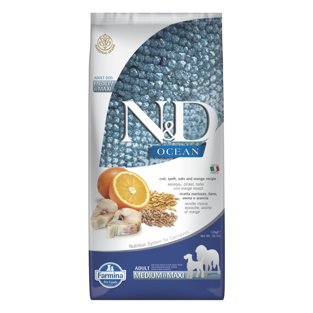 N&D Ocean Medium&Maxi Morina Balıklı ve Portakallı Orta ve Büyük Irk Yetişkin Köpek Maması ambalaj görseli (2)