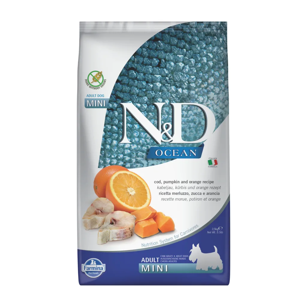 N&D Ocean Mini Bal Kabak Morina Balıklı ve Portakallı Küçük Irk Tahılsız Yetişkin Köpek Maması ambalaj görseli