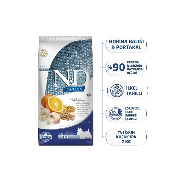 N&D Ocean Mini Morina Balıklı Portakallı Küçük Irk Yetişkin Köpek Maması ambalaj görseli