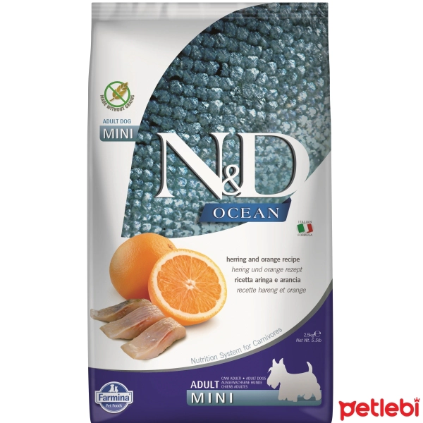 N&D Ocean Mini Ringa Balıklı ve Portakallı Tahılsız Küçük Irk Yetişkin Köpek Maması ambalaj görseli