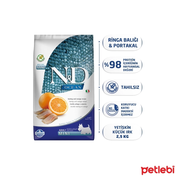 N&D Ocean Mini Ringa Balıklı ve Portakallı Tahılsız Küçük Irk Yetişkin Köpek Maması ambalaj görseli (2)