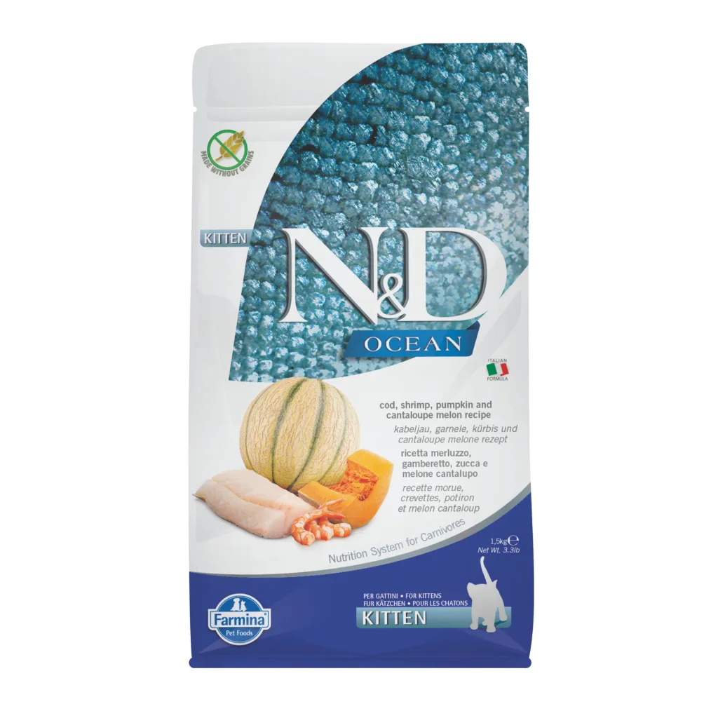 N&D Ocean Morina Balıklı Bal Kabaklı Karidesli ve Kavunlu Tahılsız Yavru Kedi Maması ambalaj görseli