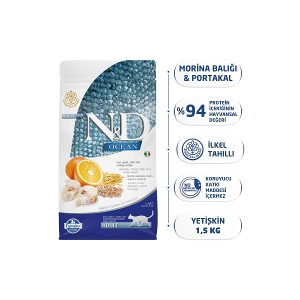 N&D Ocean Morina Balıklı ve Portakallı Ata Tahıllı Yetişkin Kedi Maması ambalaj görseli