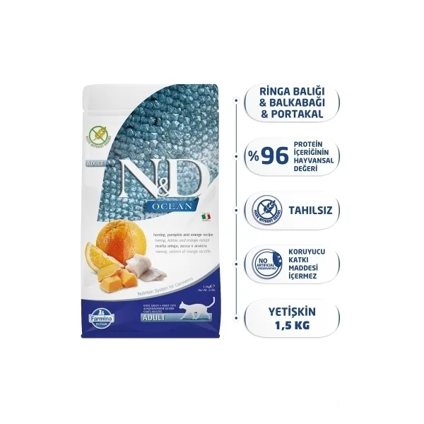 N&D Ocean Ringa Balıklı Bal Kabaklı ve Portakallı Tahılsız Yetişkin Kedi Maması ambalaj görseli