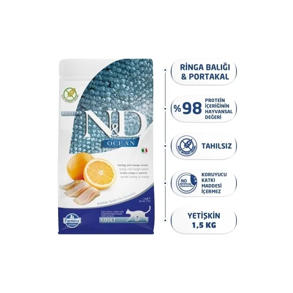 N&D Ocean Ringa Balıklı ve Portakallı Tahılsız Yetişkin Kedi Maması ambalaj görseli
