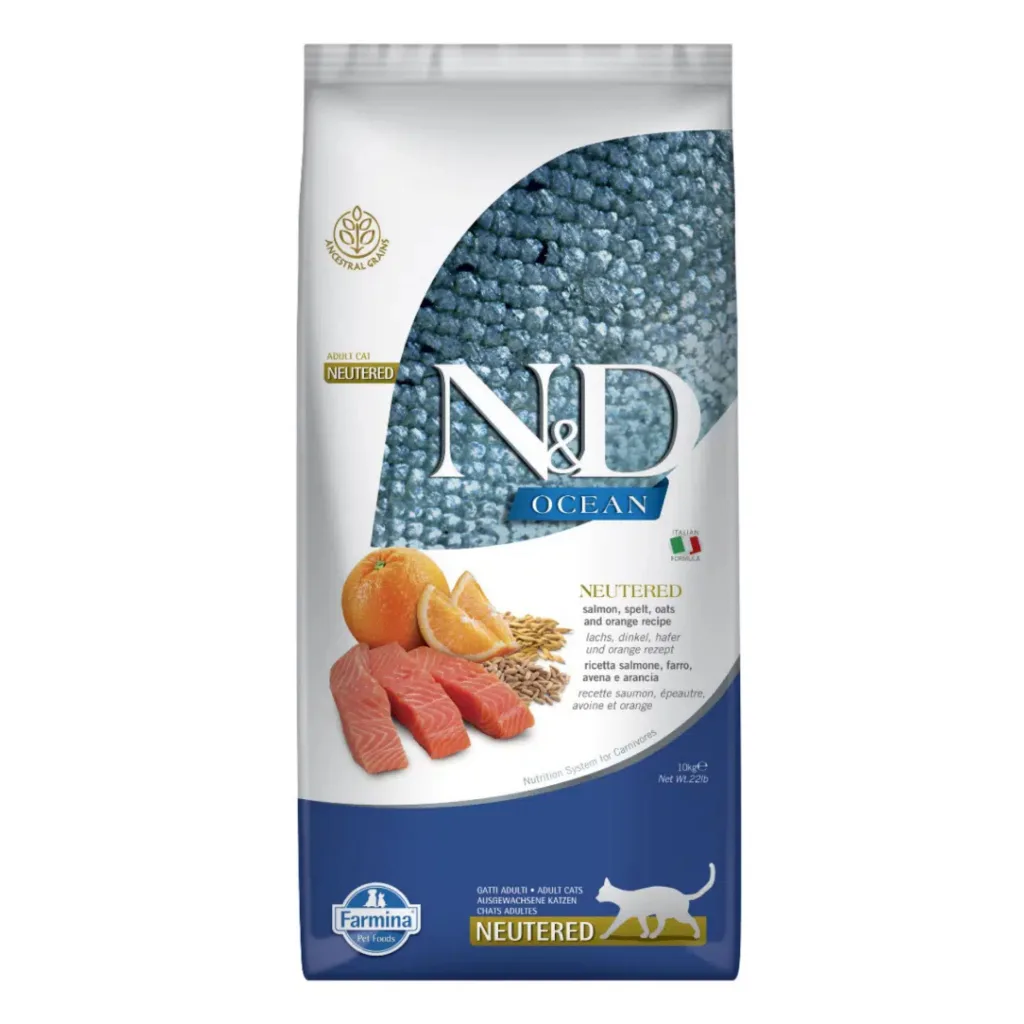N&D Ocean Somonlu ve Portakallı Ata Tahıllı Kısırlaştırılmış Kedi Maması ambalaj görseli