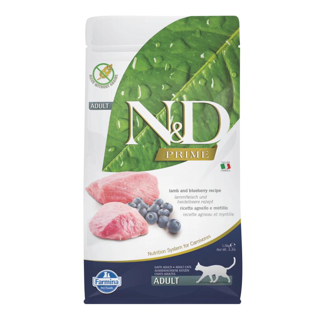 N&D Prime Kuzu Etli ve Yaban Mersinli Tahılsız Yetişkin Kedi Maması ambalaj görseli