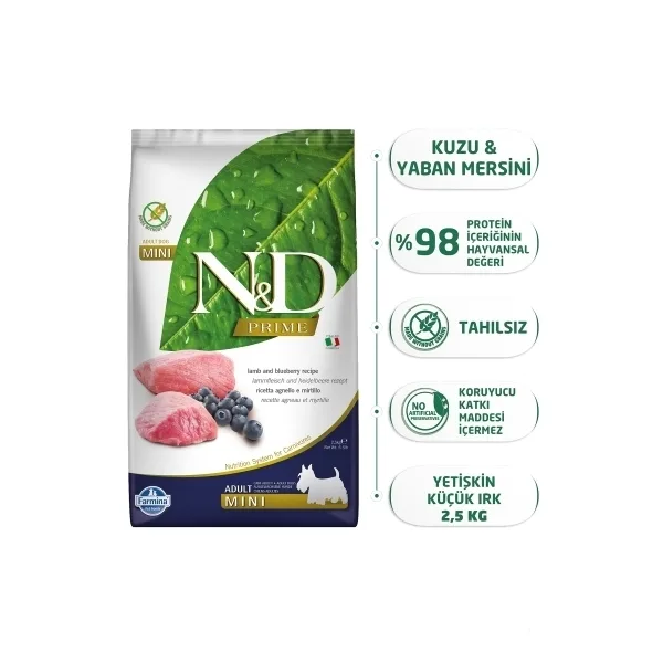 N&D Prime Mini Kuzu Etli ve Yaban Mersinli Küçük Irk Tahılsız Yetişkin Köpek Maması ambalaj görseli