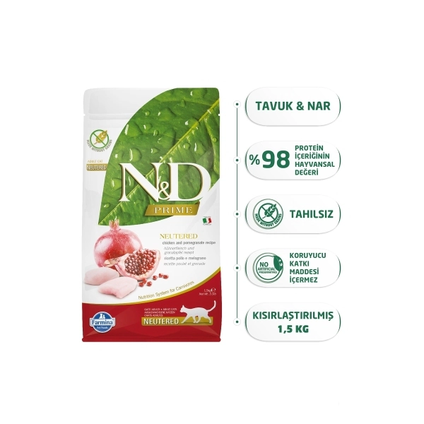N&D Prime Tavuklu ve Narlı Tahılsız Kısırlaştırılmış Kedi Maması ambalaj görseli