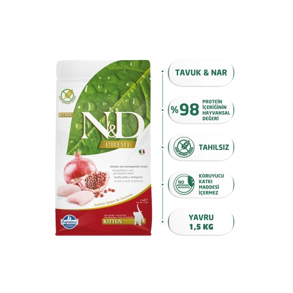 N&D Prime Tavuklu ve Narlı Tahılsız Yavru Kedi Maması ambalaj görseli