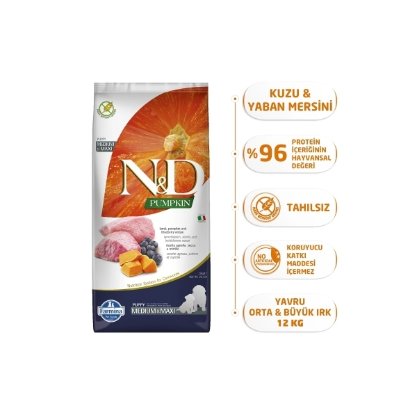 N&D Pumpkin Bal Kabaklı Kuzulu ve Yaban Mersinli Orta ve Büyük Irk Tahılsız Yavru Köpek Maması ambalaj görseli