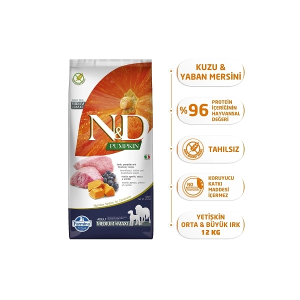 N&D Pumpkin Bal Kabaklı Kuzulu Yaban Mersinli Orta ve Büyük Irk Tahılsız Yetişkin Köpek Maması ambalaj görseli