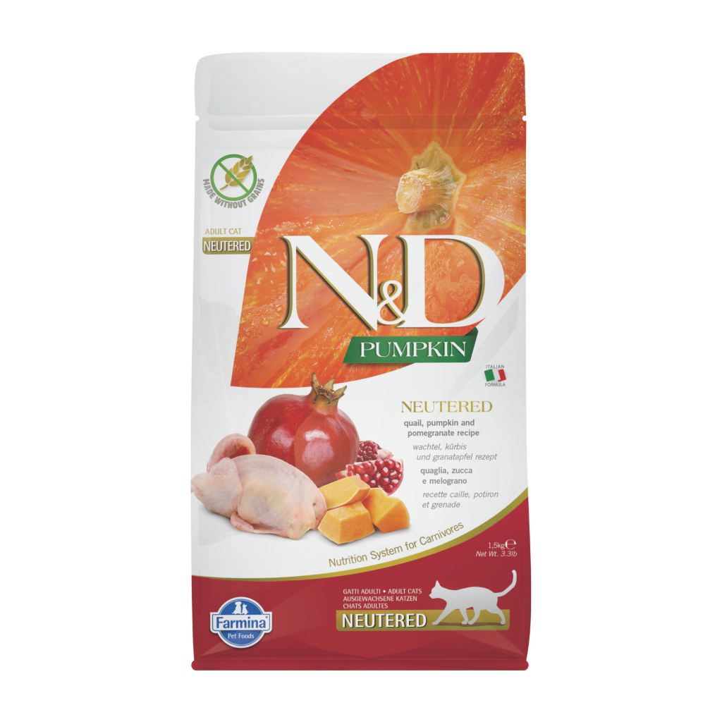 N&D Pumpkin Bıldırcın Etli Bal Kabaklı ve Narlı Tahılsız Kısırlaştırılmış Kedi Maması ambalaj görseli