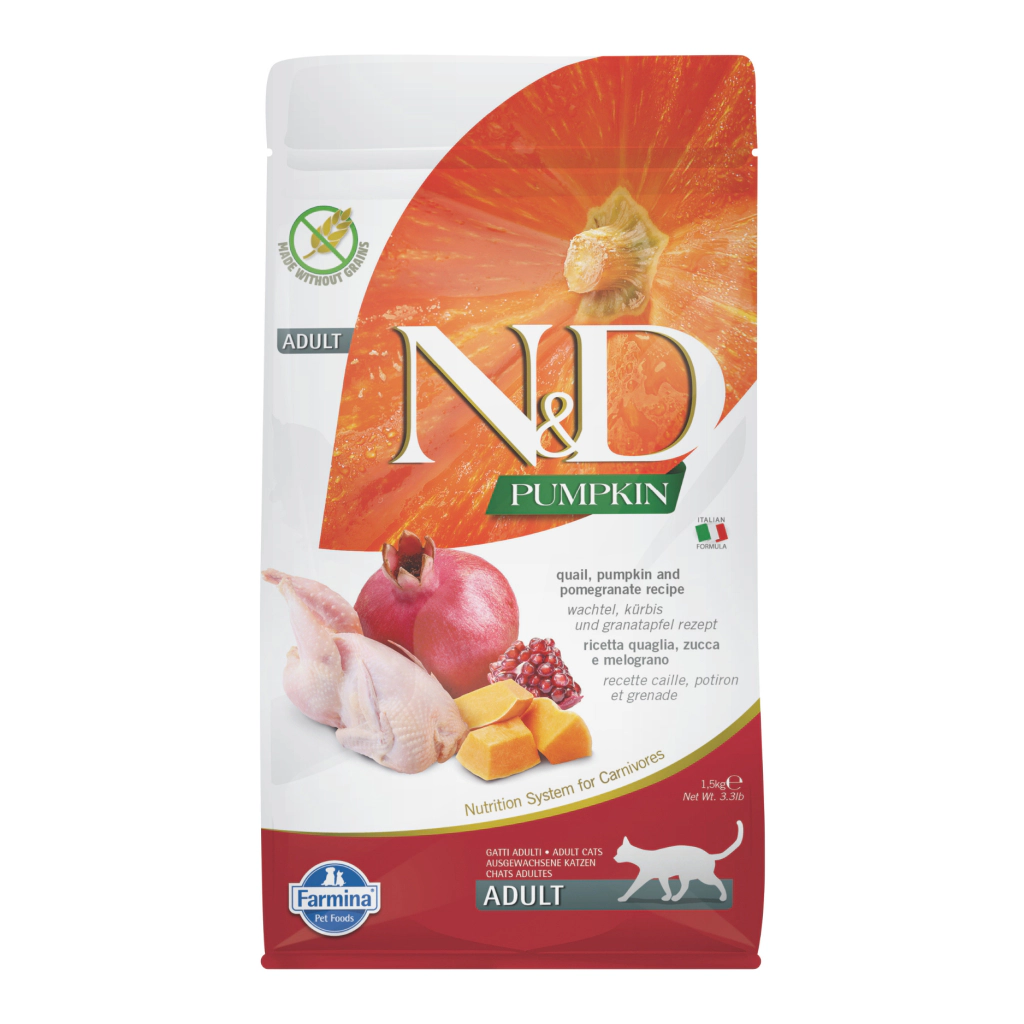 N&D Pumpkin Bıldırcın Etli Bal Kabaklı ve Narlı Tahılsız Yetişkin Kedi Maması ambalaj görseli