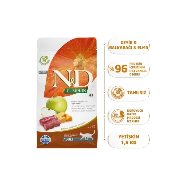 N&D Pumpkin Geyik Etli Bal Kabaklı ve Elmalı Tahılsız Yetişkin Kedi Maması ambalaj görseli
