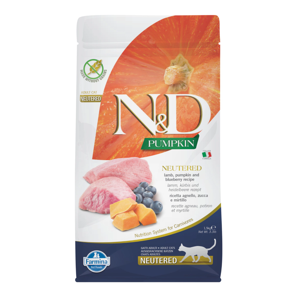 N&D Pumpkin Kuzu Etli Bal Kabaklı ve Yaban Mersinli Tahılsız Kısırlaştırılmış Kedi Maması ambalaj görseli